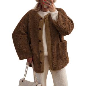 imagePRETTYGARDEN Womens Warm Winter Coats Casual Long Sleeve Button up Fuzzy Sherpa Fleece Jackets OuterwearBrown
