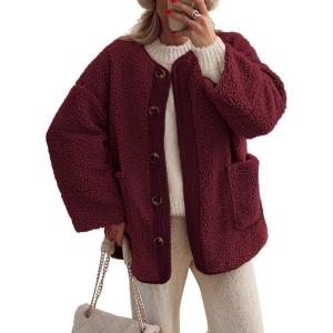 imagePRETTYGARDEN Womens Warm Winter Coats Casual Long Sleeve Button up Fuzzy Sherpa Fleece Jackets OuterwearWine Red