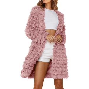 imagePRETTYGARDEN Womens Winter Faux Fur Jackets Fall Fashion Open Front Long Shaggy Coat OuterwearPink