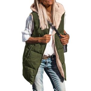 imagePRETTYGARDEN Womens 2025 Fall Reversible Vests Sleeveless Fleece Jacket Zip Up Hoodie Pockets Long Warm Winter Coat OuterwearArmy Green