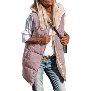 imagePRETTYGARDEN Womens 2025 Fall Reversible Vests Sleeveless Fleece Jacket Zip Up Hoodie Pockets Long Warm Winter Coat OuterwearBean Paste Pink