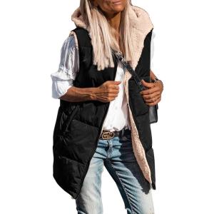 imagePRETTYGARDEN Womens 2025 Fall Reversible Vests Sleeveless Fleece Jacket Zip Up Hoodie Pockets Long Warm Winter Coat OuterwearBlack