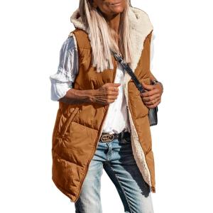 imagePRETTYGARDEN Womens 2025 Fall Reversible Vests Sleeveless Fleece Jacket Zip Up Hoodie Pockets Long Warm Winter Coat OuterwearBrown