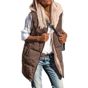 imagePRETTYGARDEN Womens 2025 Fall Reversible Vests Sleeveless Fleece Jacket Zip Up Hoodie Pockets Long Warm Winter Coat OuterwearCoffee