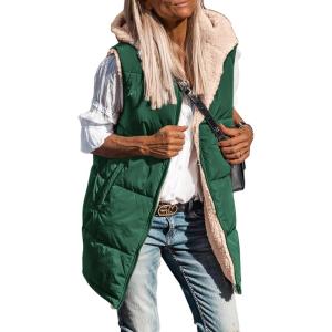 imagePRETTYGARDEN Womens 2025 Fall Reversible Vests Sleeveless Fleece Jacket Zip Up Hoodie Pockets Long Warm Winter Coat OuterwearDark Green
