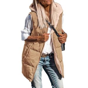 imagePRETTYGARDEN Womens 2025 Fall Reversible Vests Sleeveless Fleece Jacket Zip Up Hoodie Pockets Long Warm Winter Coat OuterwearLight Camel