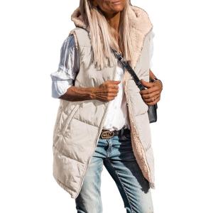 imagePRETTYGARDEN Womens 2025 Fall Reversible Vests Sleeveless Fleece Jacket Zip Up Hoodie Pockets Long Warm Winter Coat OuterwearLight Khaki