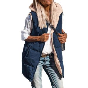 imagePRETTYGARDEN Womens 2025 Fall Reversible Vests Sleeveless Fleece Jacket Zip Up Hoodie Pockets Long Warm Winter Coat OuterwearNavy