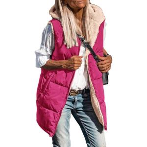 imagePRETTYGARDEN Womens 2025 Fall Reversible Vests Sleeveless Fleece Jacket Zip Up Hoodie Pockets Long Warm Winter Coat OuterwearRose Red