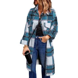 imagePRETTYGARDEN Womens 2025 Plaid Shacket Jacket Long Sleeve Button Down Shirts Fashion Winter Wool CoatsBlue Green