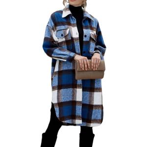 imagePRETTYGARDEN Womens 2025 Plaid Shacket Jacket Long Sleeve Button Down Shirts Fashion Winter Wool CoatsDark Blue