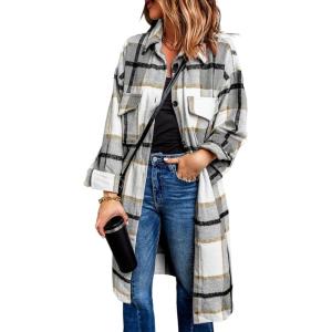 imagePRETTYGARDEN Womens 2025 Plaid Shacket Jacket Long Sleeve Button Down Shirts Fashion Winter Wool CoatsGrey