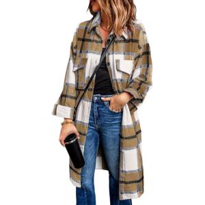 imagePRETTYGARDEN Womens 2025 Plaid Shacket Jacket Long Sleeve Button Down Shirts Fashion Winter Wool CoatsKhaki