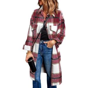 imagePRETTYGARDEN Womens 2025 Plaid Shacket Jacket Long Sleeve Button Down Shirts Fashion Winter Wool CoatsRed
