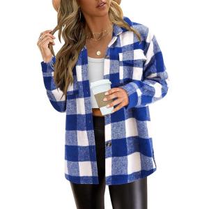 imagePRETTYGARDEN Womens Fall Clothes Plaid Shacket Jacket Trendy Casual Long Sleeve Button Down Flannel Shirts Fashion BlousePlaid Blue White
