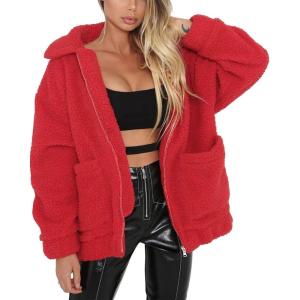 imagePRETTYGARDEN Womens Fashion Winter Coat Sherpa Fleece Faux Fur Shearling Oversized Trendy Jackets Warm OuterwearRed