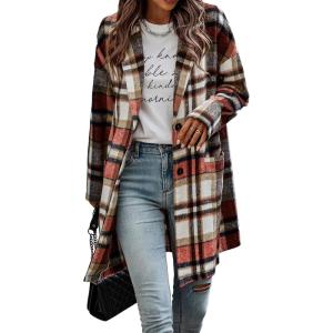 imagePRETTYGARDEN Womens Plaid Shacket Jacket Trendy Casual Button Wool Blend Winter Tartan Trench Coat with PocketsBrick Red