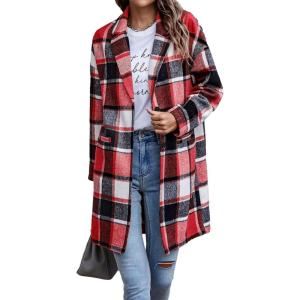 imagePRETTYGARDEN Womens Plaid Shacket Jacket Trendy Casual Button Wool Blend Winter Tartan Trench Coat with PocketsBrilliant Red