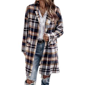 imagePRETTYGARDEN Womens Plaid Shacket Jacket Trendy Casual Button Wool Blend Winter Tartan Trench Coat with PocketsBrown