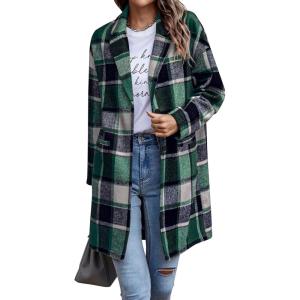 imagePRETTYGARDEN Womens Plaid Shacket Jacket Trendy Casual Button Wool Blend Winter Tartan Trench Coat with PocketsDark Green
