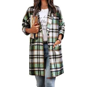 imagePRETTYGARDEN Womens Plaid Shacket Jacket Trendy Casual Button Wool Blend Winter Tartan Trench Coat with PocketsGreen