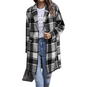 imagePRETTYGARDEN Womens Plaid Shacket Jacket Trendy Casual Button Wool Blend Winter Tartan Trench Coat with PocketsGrey