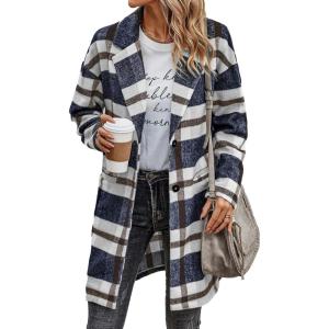 imagePRETTYGARDEN Womens Plaid Shacket Jacket Trendy Casual Button Wool Blend Winter Tartan Trench Coat with PocketsNavy White