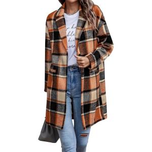 imagePRETTYGARDEN Womens Plaid Shacket Jacket Trendy Casual Button Wool Blend Winter Tartan Trench Coat with PocketsOrange