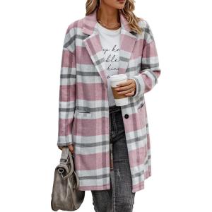 imagePRETTYGARDEN Womens Plaid Shacket Jacket Trendy Casual Button Wool Blend Winter Tartan Trench Coat with PocketsPink White