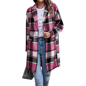 imagePRETTYGARDEN Womens Plaid Shacket Jacket Trendy Casual Button Wool Blend Winter Tartan Trench Coat with PocketsRose Red