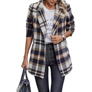 imagePRETTYGARDEN Womens Plaid Shacket Jacket Trendy Casual Button Wool Blend Winter Tartan Trench Coat with PocketsShort Style Brown