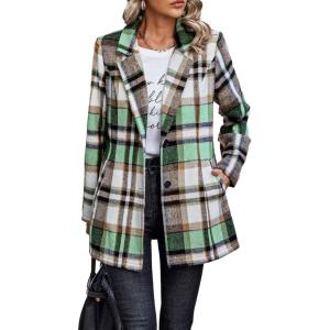 imagePRETTYGARDEN Womens Plaid Shacket Jacket Trendy Casual Button Wool Blend Winter Tartan Trench Coat with PocketsShort Style Green