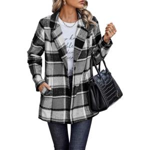 imagePRETTYGARDEN Womens Plaid Shacket Jacket Trendy Casual Button Wool Blend Winter Tartan Trench Coat with PocketsShort Style Grey