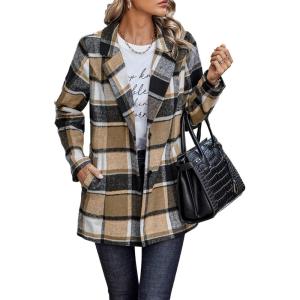 imagePRETTYGARDEN Womens Plaid Shacket Jacket Trendy Casual Button Wool Blend Winter Tartan Trench Coat with PocketsShort Style Khaki