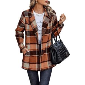 imagePRETTYGARDEN Womens Plaid Shacket Jacket Trendy Casual Button Wool Blend Winter Tartan Trench Coat with PocketsShort Style Orange