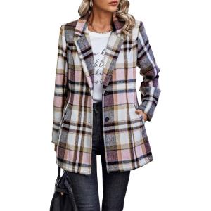 imagePRETTYGARDEN Womens Plaid Shacket Jacket Trendy Casual Button Wool Blend Winter Tartan Trench Coat with PocketsShort Style Pink