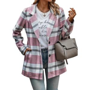 imagePRETTYGARDEN Womens Plaid Shacket Jacket Trendy Casual Button Wool Blend Winter Tartan Trench Coat with PocketsShort Style Pink White