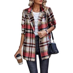 imagePRETTYGARDEN Womens Plaid Shacket Jacket Trendy Casual Button Wool Blend Winter Tartan Trench Coat with PocketsShort Style Red