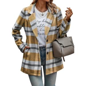 imagePRETTYGARDEN Womens Plaid Shacket Jacket Trendy Casual Button Wool Blend Winter Tartan Trench Coat with PocketsShort Style Yellow Plaid
