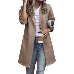 imagePRETTYGARDEN Womens Plaid Shacket Jacket Trendy Casual Button Wool Blend Winter Tartan Trench Coat with PocketsSolid Camel