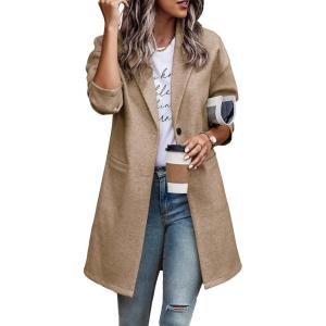 imagePRETTYGARDEN Womens Plaid Shacket Jacket Trendy Casual Button Wool Blend Winter Tartan Trench Coat with PocketsSolid Khaki