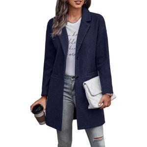 imagePRETTYGARDEN Womens Plaid Shacket Jacket Trendy Casual Button Wool Blend Winter Tartan Trench Coat with PocketsSolid Navy