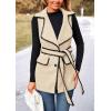 imagePRETTYGARDEN Womens 2025 Tweed Vest Jackets Sleeveless Lapel Button Front Belt Color Block Winter Cardigan OuterwearApricot