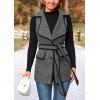 imagePRETTYGARDEN Womens 2025 Tweed Vest Jackets Sleeveless Lapel Button Front Belt Color Block Winter Cardigan OuterwearDark Grey