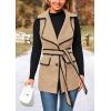 imagePRETTYGARDEN Womens 2025 Tweed Vest Jackets Sleeveless Lapel Button Front Belt Color Block Winter Cardigan OuterwearKhaki