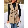 imagePRETTYGARDEN Womens 2025 Tweed Vest Jackets Sleeveless Lapel Button Front Belt Color Block Winter Cardigan OuterwearKhaki