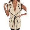 imagePRETTYGARDEN Womens 2025 Tweed Vest Jackets Sleeveless Lapel Button Front Belt Color Block Winter Cardigan OuterwearApricot