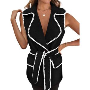 imagePRETTYGARDEN Womens 2025 Tweed Vest Jackets Sleeveless Lapel Button Front Belt Color Block Winter Cardigan OuterwearBlack