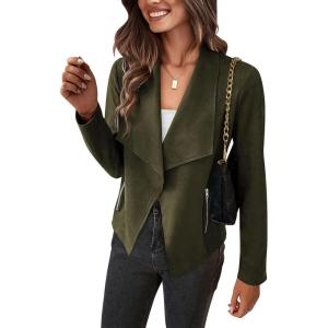 imagePRETTYGARDEN Womens Faux Suede Jackets 2025 Spring Fall Clothes Long Sleeve Open Front Cropped Coat OutwearArmy Green