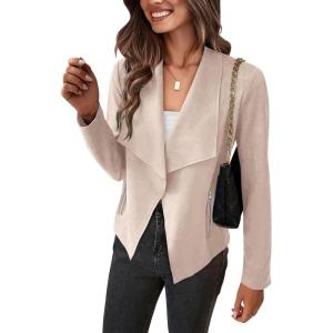 imagePRETTYGARDEN Womens Faux Suede Jackets 2025 Spring Fall Clothes Long Sleeve Open Front Cropped Coat OutwearBeige Apricot